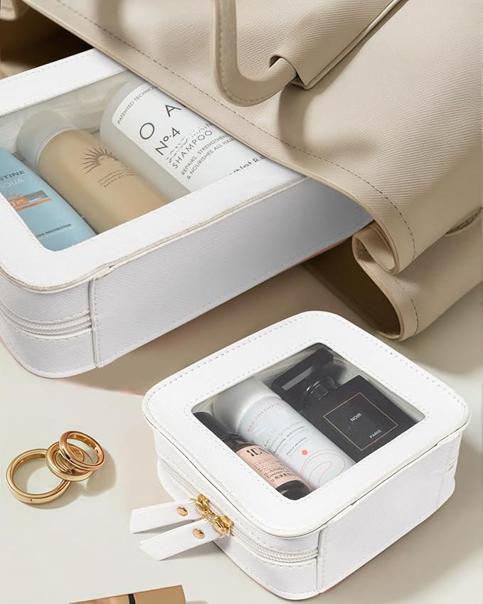 2 Pcs Travel Clear Makeup Bag Set, Clear White Makeup Organizer with Zipper Leather Travel Bags for Toiletries Small Cosmetic Bags for Women Mini Make up Pouch Toiletry Bags Car Essentials