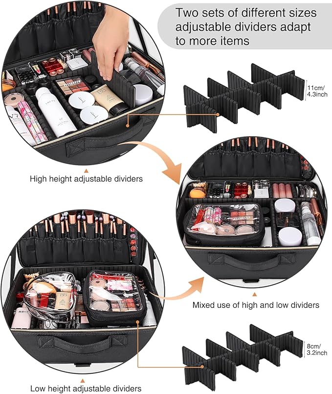 Relavel Extra Large Makeup Case Travel Makeup Bag Professional Leather Artist Bag Portable Cosmetic Brush Holder Organizer Nail Organizer Box with Adjustable Dividers