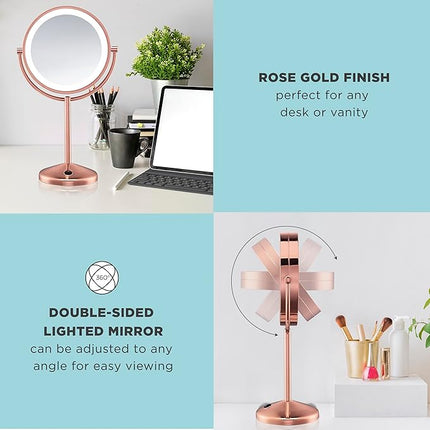 Conair Lighted Makeup Mirror, LED Vanity Mirror, 1X/10X Magnifying Mirror, Double Sided, Battery Operated in Rose Gold