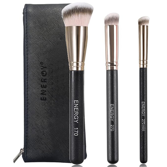 ENERGY Makeup Brushes Set Professional Kabuki Foundation Concealer Brush Under Eye Nose Contour Brush for Liquid Cream Powder Blending Buffing with Travel Bag 3PCS
