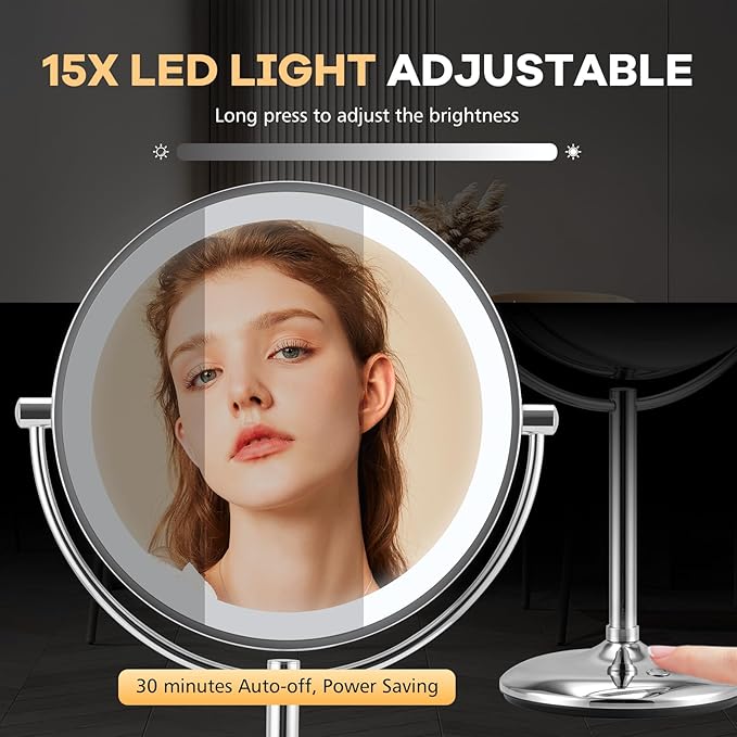 15x Makeup Mirror with Light, Lighted Vanity Mirror with 3 Color Brightness Adjustable, 360°Rotation Double Side Bathroom Mirror -Chrome