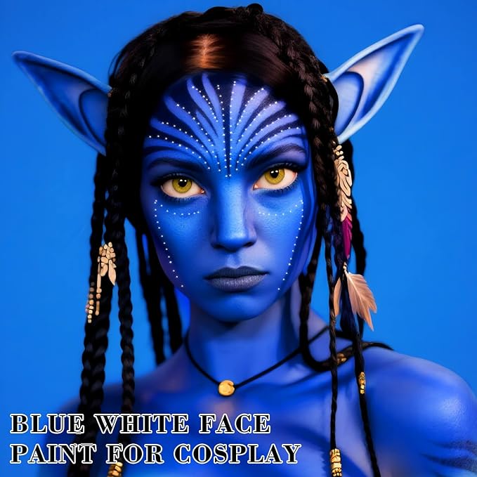 White Blue Face Body Paint with Sponges,1.01oz/pc Water Based Dark Blue Face Painting Kit for Avatar Smurf Mystique Cosplay Makeup,Halloween SFX Makeup Body Paint for Adults and Kids