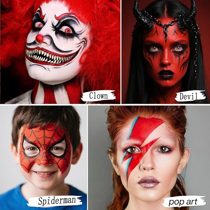 Red Face Paint, Washable Red Body Paint Clown Goth Foundation Makeup, Professional Safe Cream Face Painting for Kids & Adults, Long Lasting Greasepaint for Halloween Devil Makeup, SFX, Joker, Vampire