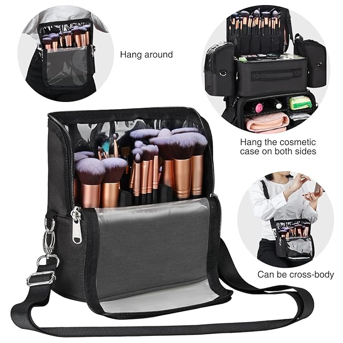 Relavel Rolling Makeup Case Professional Makeup Train Case Makeup Artist Travel Organizer 5 in 1 with Detachable Cosmetic Case and Dual Makeup Brush Case and Wheels (Black, 4-Pack)