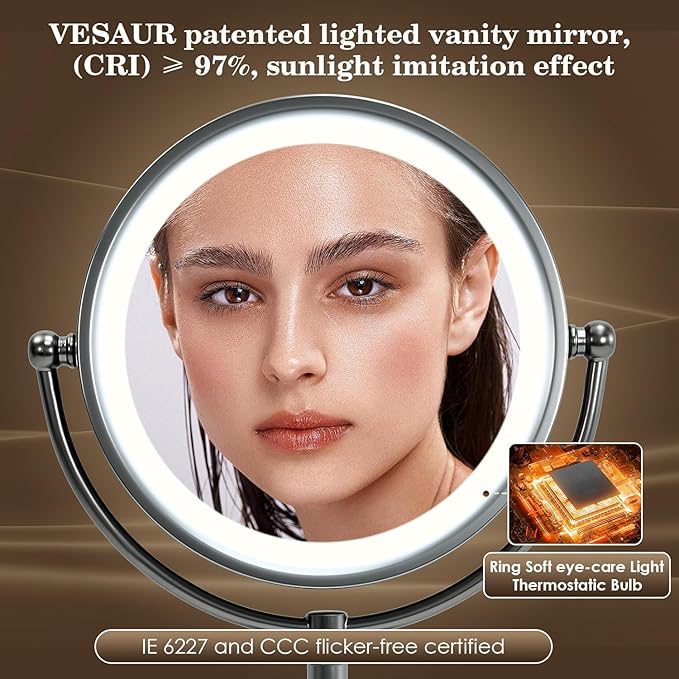VESAUR Professional 8.5" Lighted Makeup Mirror, 1X/10X Double Sided HD Undistorted Magnifying Mirror with 3 Color 90 Dimmable LED lights, 360° Rotation Vanity Mirror, Unique Black Nickel with Gift Box