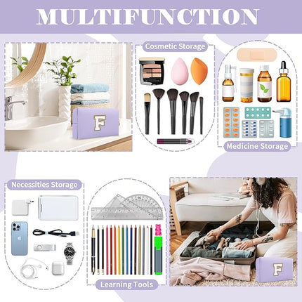 Personalized Makeup Bag Initial A-Z Preppy Patch Bag,Small PU Leather Travel Cosmetic Bag Pouch with Zipper,Purple Cute Toiletry Bag,Gift Ideal for Teen Girls Women Birthday Friend Mom,Latter F