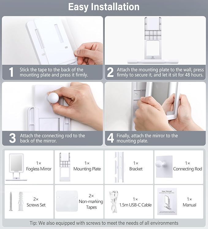 Shinowa Heated Shower Mirror Fogless for Shaving, 360° Adjustable Lighted Shower Mirror with 3 Color Modes, Rechargeable Anti Fog Shaving Mirror with Large Storage Tray & Razor Holder, White