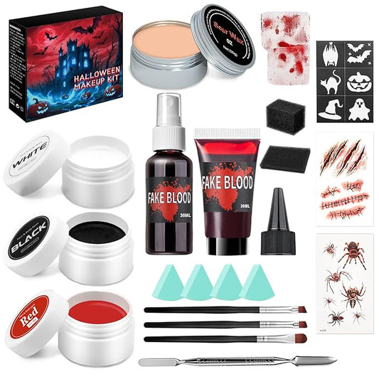 Special Effects Makeup Kit,Sfx Make up with Scar Wax,Fake Blood Spray & Gel,Clown Makeup Kit,Body Paints for Adults,All in One Halloween Make up for Zombie Cosplay Make up