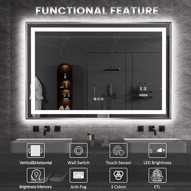 Amorho 60"X36" LED Bathroom Mirror, Brushed Nickel Framed Mirror with Front Light and Backlit, Stepless Dimmable, Anti-Fog, Shatter-Proof, Memory, 3 Colors