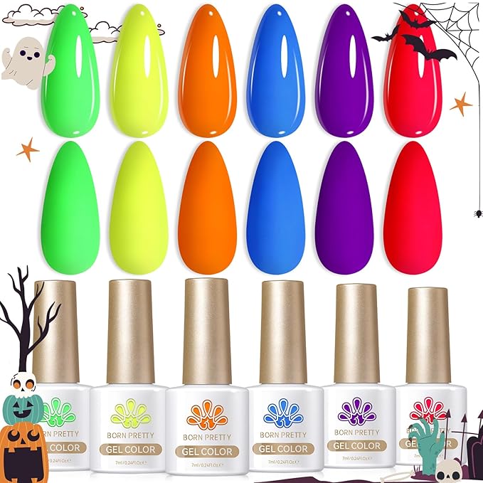 Born Pretty Halloween Neon Gel Nail Polish Bright Rainbow Colorful Fluorescent Gel Polish Yellow Green Blue Purple Red Orange Color Gel Nail Polish Collection Gift 6PCS