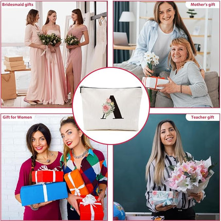 Personalized Makeup Bag, Initial Letter A Makeup Bag for Women Rose Monogram Cosmetic Bags Toiletry Pouch, Monogrammed Gifts for Women Mom Grandma Sister Friends Thanksgiving Christmas Birthday Gift