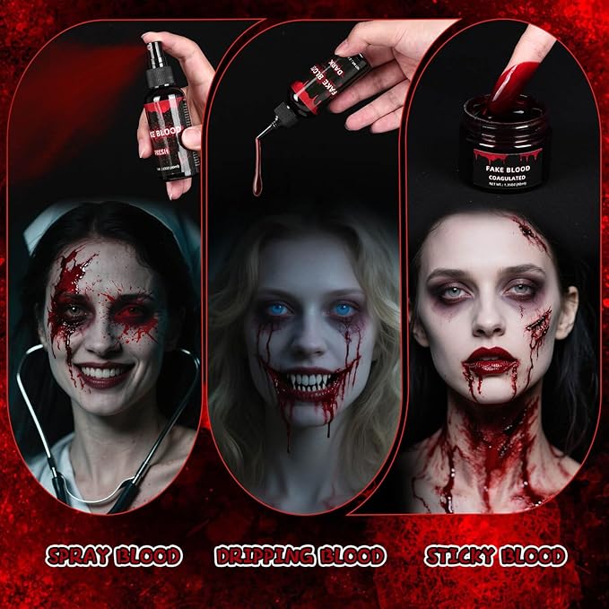 3PCS Halloween Fake Blood Makeup Kit, Fake Blood Dripping 2.03oz + Spray 2.03oz + Coagulated 1.35oz, Realistic Washable Fake Blood for Zombie Monster Mouth Clothes Vampire Cosplay & Dress Up