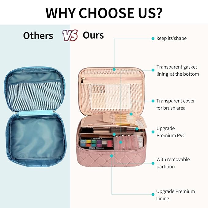 OCHEAL Makeup Bag, Cute Makeup Organizer Bag Make up Bag for Toiletry Cosmetics Accessories with Divider and Brushes Compartments, Makeup Travel Case Cosmetic Bags Women Girls -Nude Pink