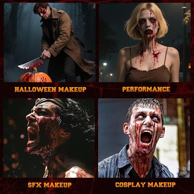 MEICOLY 5PCS Halloween Fake Blood Makeup Kit,Special Effects SFX Makeup for Zombie Vampire Monster Cosplay,2.1oz Fake Blood Spray+2.1oz Dripping Blood+Coagulated Blood+Cleansing Soap+Stipple Sponge