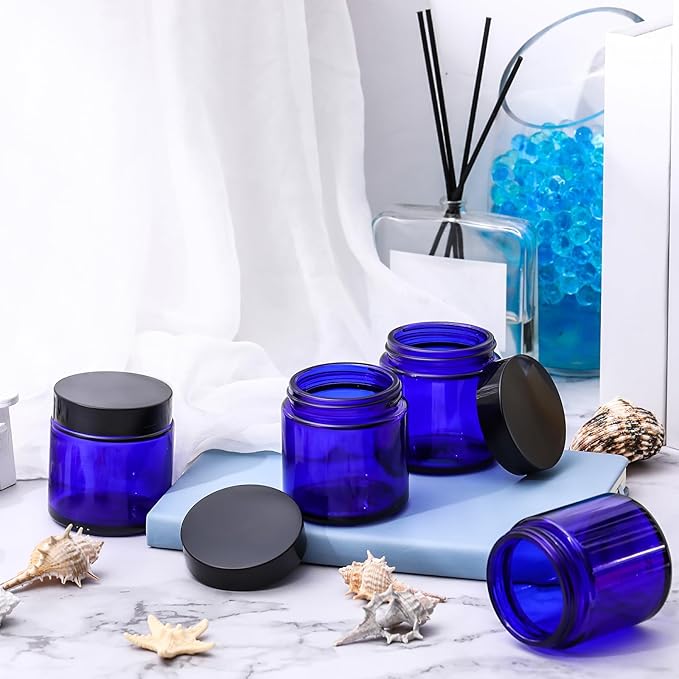 Norme 64 Pcs 4 oz Glass Jars with Lids Leakproof Round Airtight Empty Cosmetic Jars with Inner Liners Lid for Storing Lotions Powder Ointments Candle Making Tins (Blue,Black)