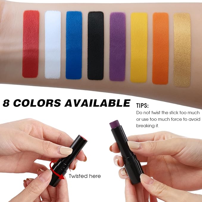 8PCS Face Body Paint Stick, Oil Based Face Painting Kit for Halloween Clown Monster Skull Vampire Costume Cosplay Makeup, Sports Eye Black for Football, Baseball, Softball