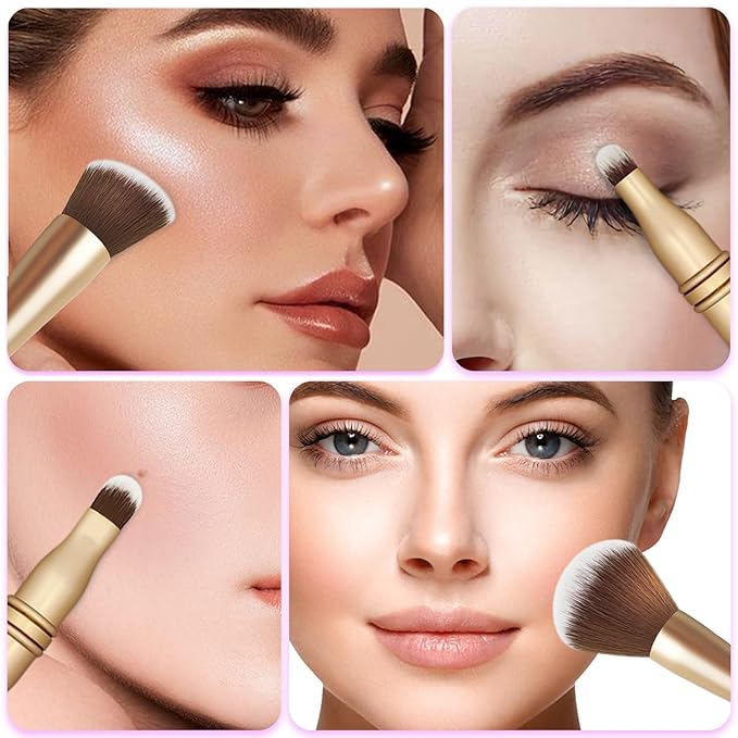 4 in 1 Makeup Brush Set, Travel Makeup Brushes with Case, Foundation Brush/Blush Brush, Eyeshadow Powder Brush,Concealer Brush (gold-silicon brush holder)