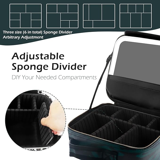 MOMIRA Makeup Bag with Mirror and Light Travel Makeup Train Case Cosmetic Organizer Portable Artist Storage Bag with Adjustable Dividers Makeup Brushes Storage Organizer Zebra-Green