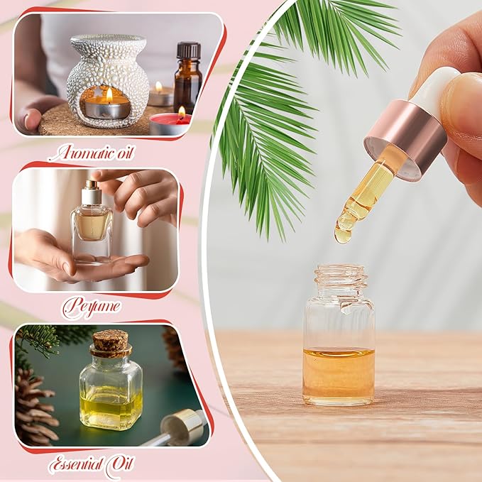 100 Pcs Mini Glass Oil Dropper Bottle Bulk, Clear Essential Small Empty Bottles Sample Containers Perfume Liquid Vials with Cap for Traveling (3 ml,Rose Gold)