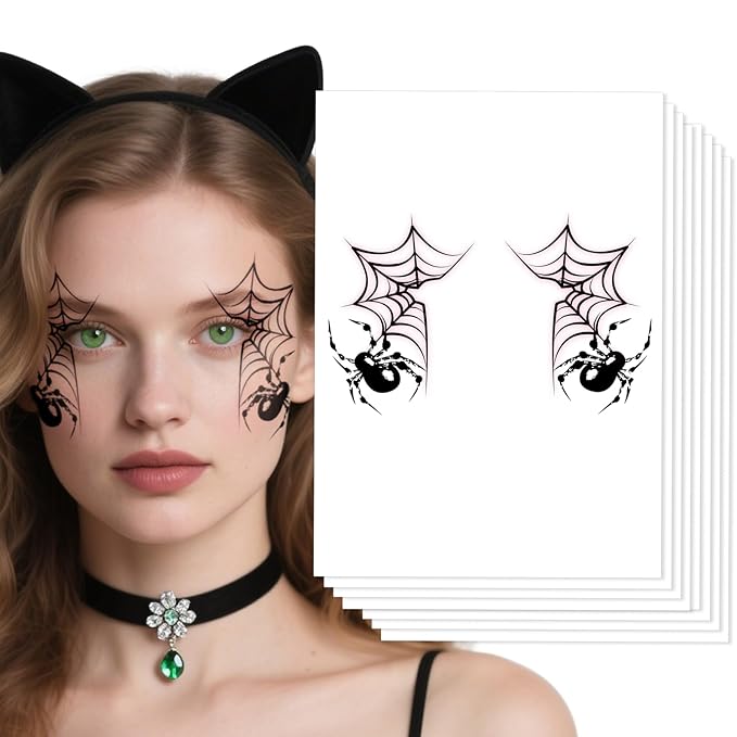 8Pcs Halloween Spider Face Tattoo, Spooky Spiderweb Halloween Face Tattoos, Face Temporary Tattoo Sticker, Temporary Makeup Tattoo Stickers for Halloween Stage Masquerade Party