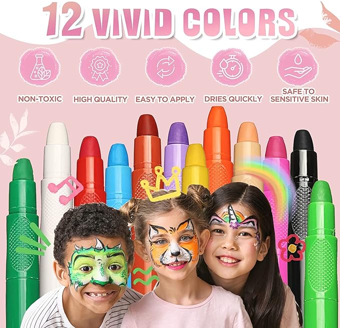 Beesjuy Face Painting Kits for Kids,12 Color Water Based Face Paint Kit, Washable Kids Body Paint for Makeup, for Birthday, Halloween, Thanksgiving Day, Cosplay Makeup, Gifts for Kids/Children