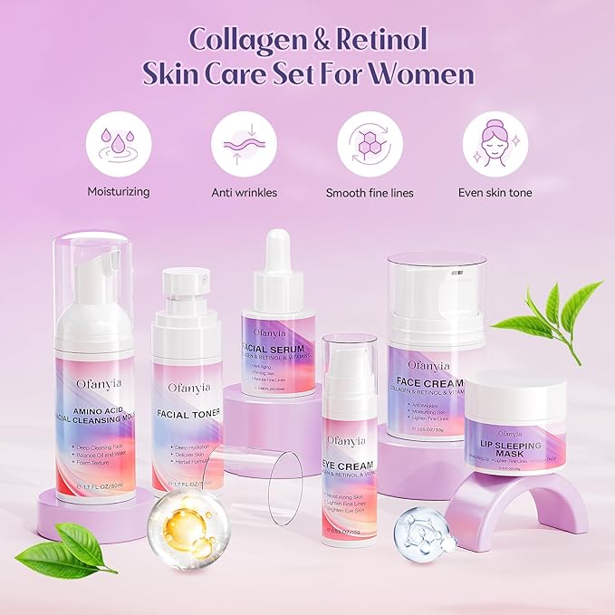 Ofanyia Collagen Retinol Skincare Set, 6 Pcs Anti-Aging Skin Care Set with Hydrating Cleanser, Eye Cream, Toner, Cream & Lip Mask, Facial Kit for Women, Christmas Valentines Birthday Gift for Her