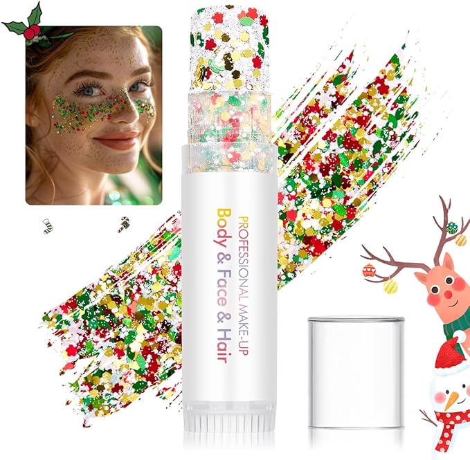 Christmas Body Glitter Stick Glod Face Glitter Green Hair Glitter Christmas Face Paint Rave Makeup Glitter Festive Face Gems Halloween Fine Chunky Glitter Stick for Women Girls 2Pack
