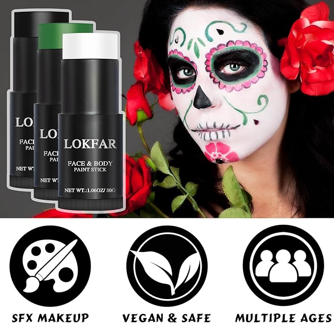 Black & Green & White Face Body Paint Stick, White Foundation Makeup, Football Baseball Eye Black Stick, Professional Halloween Face Makeup Kit for Zombie Clown Vampire Skeleton Witch Joker