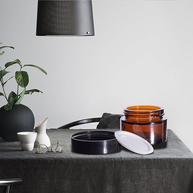 24 Pack 1 oz Round Amber Glass Cosmetic Jars with Lids And Inner Liners, Travel Glass Jars, Refillable Cosmetic Containers for Lotion, Lip Scrub, Makeup, Eyeshadow, Slime, Paint