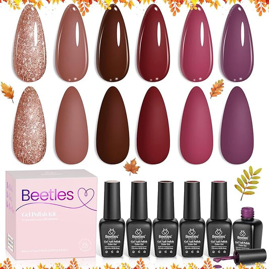 Beetles Fall Gel Nail Polish Set Plum Burgundy Red Brown Glitter 6Pcs Gel Polish Kit Soak Off UV LED Nail Lamp Art Manicure Salon DIY Home Gifts for Women Silent Flower