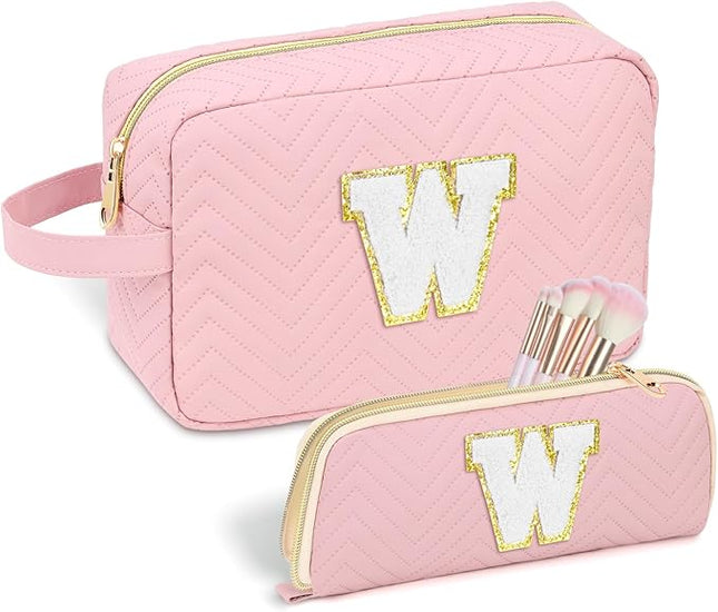 Personalized Initial Makeup Bag Waterproof Leather Cosmetic Bag Travel Toiletry Bag, Valentine’s Day Gift Makeup Organizer Case & Makeup Pouch for Women Teen Girls Mom Girlfriend Wife