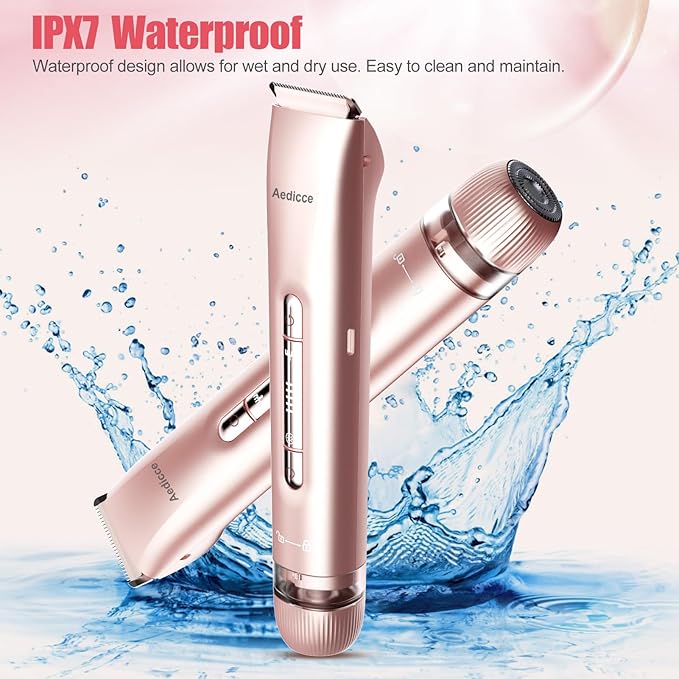 Bikini Trimmer for Women 2 in 1, Dual Head Womens Electric Shaver, Electric Razors for Pubic Hair, IPX7 Waterproof Rechargeable Facial Hair Removal for Shaving Underarm Leg Arm Body Face, Rose Gold