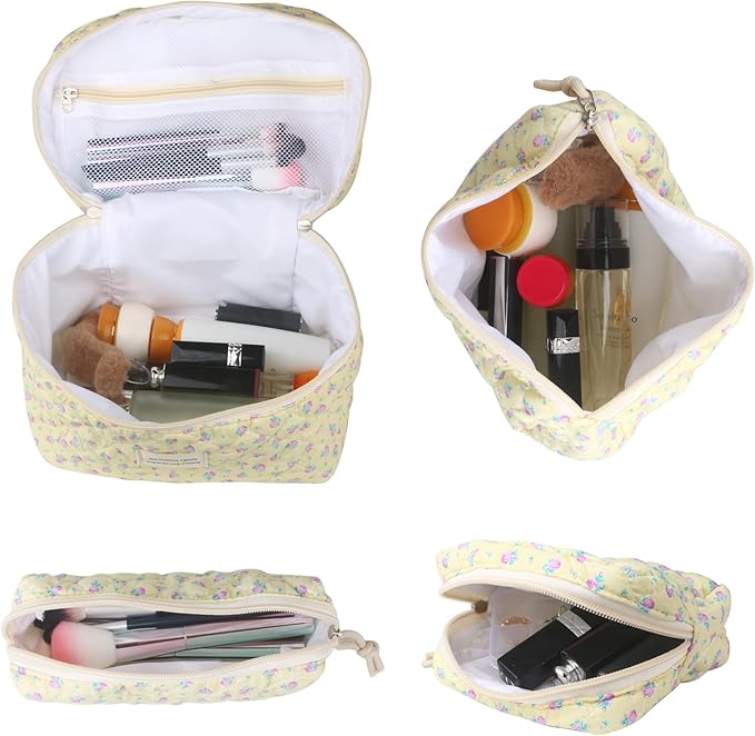 VIWIME Makeup Cosmetic Bag, Large Cotton Quilted Travel Coquette Aesthetic Cute Floral Make up Bag for Women Toiletry Bag Organizer(Purple Rose/4Pcs)