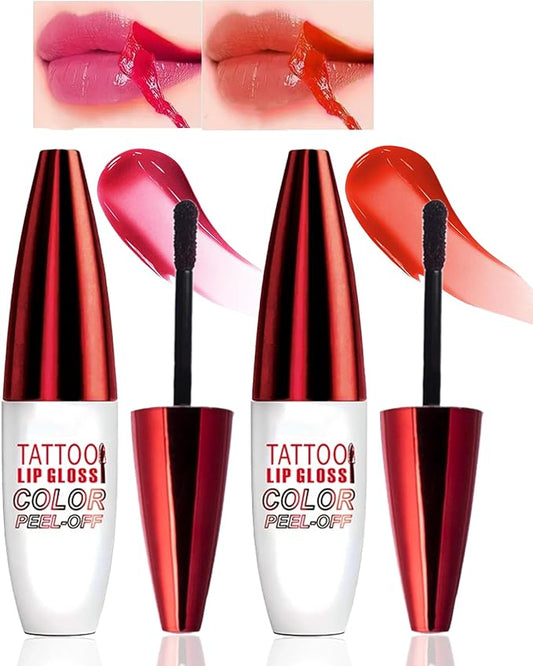 Peel Off Lip StainTattoo Lip Gloss,2 Pcs Pink Nude Red Matte Lip Liner Stain Peel Off Waterproof Long Lasting,Highly Pigmented Transfer-Proof Non-Stick Tinted Liquid Lipstick Makeup for Women-01+02