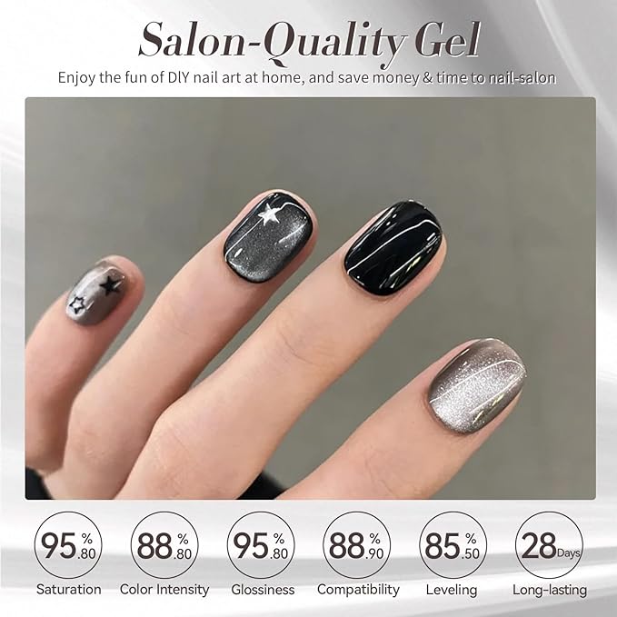 BORN PRETTY Gel Nail Polish 6 Colors - White Gray Black Colors Glitter Cat Magnetic Eye Gel Polish Kit Soak Off Nail Art Manicure DIY Design Collection for Home and Salon