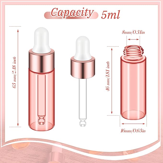 100 Pcs Mini Glass Oil Dropper Bottle Bulk, Clear Essential Small Empty Bottles Sample Containers Perfume Liquid Vials with Cap for Traveling (5 ml,Pink Body)