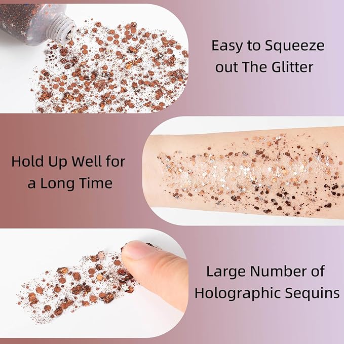 MEICOLY Brown Body Glitter,Deer Maroon Face Glitter Gel,Mermaid Sequins Halloween Glitter Face Paint,Chunky Glitter for Face Body Eye Lip Hair,Glitter Makeup for Women and Kids
