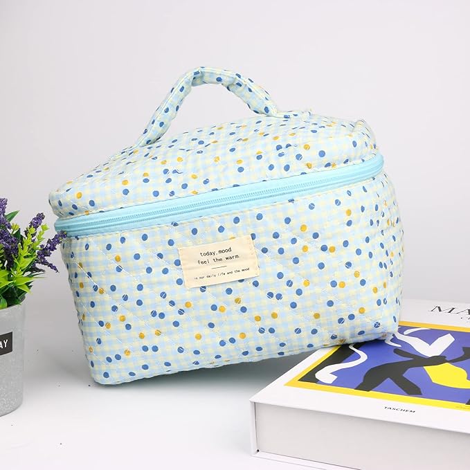 VIWIME Makeup Cosmetic Bag, Large Cotton Quilted Travel Coquette Aesthetic Cute Floral Make up Bag for Women Toiletry Bag Organizer(Blue Point/2Pcs)