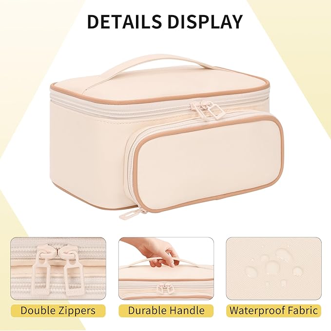 OCHEAL Makeup Bag, Multifunctional Make Up Bags Large Compact Makeup Bag Organizer Cosmetics Toiletry Brushes Storage Case for Women Girls Makeup Case with Handle Divider- Beige
