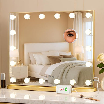 LUXFURNI Hollywood Glamour Vanity Mirror with 4 Extra Bottom Bulbs | Shadow-Free, Perfect Makeup View | Desk & Wall Mountable | 3 Color Modes for Office, Outdoor, Party Looks | USB Charging