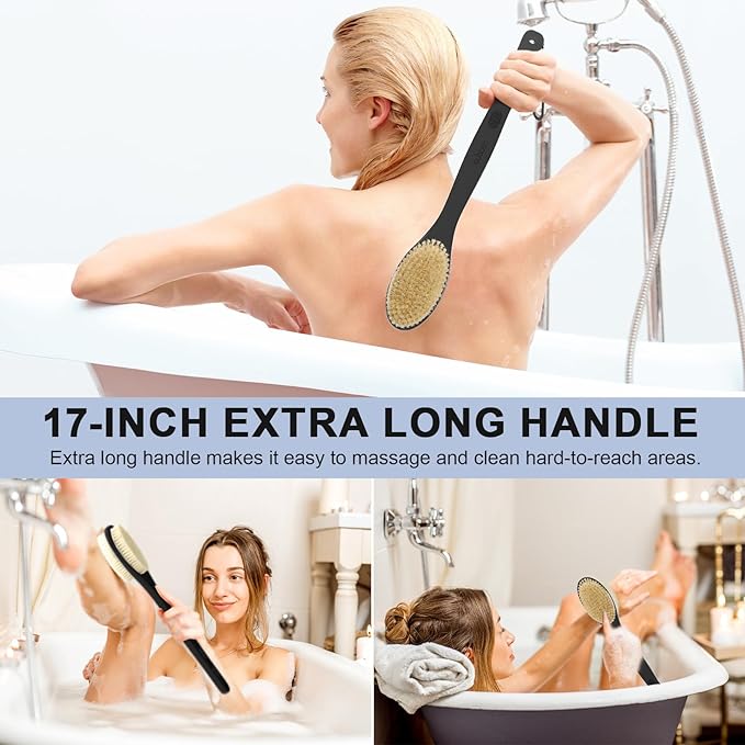 Back Scrubber, Back Scrubber for Shower, Bath Brush Long Handle for Shower with Double Sided Bristles for Wet or Dry Brushing (Black)