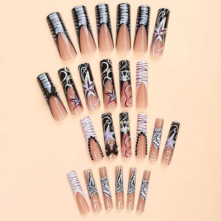 RUOKEXIN Extra Long Press on Nails Black French Tip Fake Nails Square False Nails with Bow Rhinestones Designs Extra Long Square Nail Press ons Sparkly Glue on Nails Cute Stick on Nails for Women