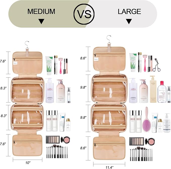 Travel Hanging Toiletry Bag for Women, Cruise Ship Essentials, with Jewelry Organizer, Extra Large Makeup Dopp Kit, Waterproof Cosmetic Bags, Toiletries Kit Set with Trolley Belt, Khaki