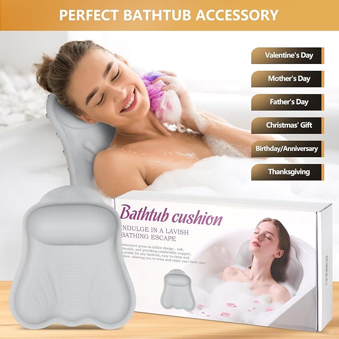 Inflatable Bath Pillow for Tub - Adjustable Firmness Silicone Bathtub Pillow for Epsom Salt Soaking & Spa Neck-Relaxing, Head & Back Reclining Support Cushion, Xmas Gift for Couples, Parent, Friends