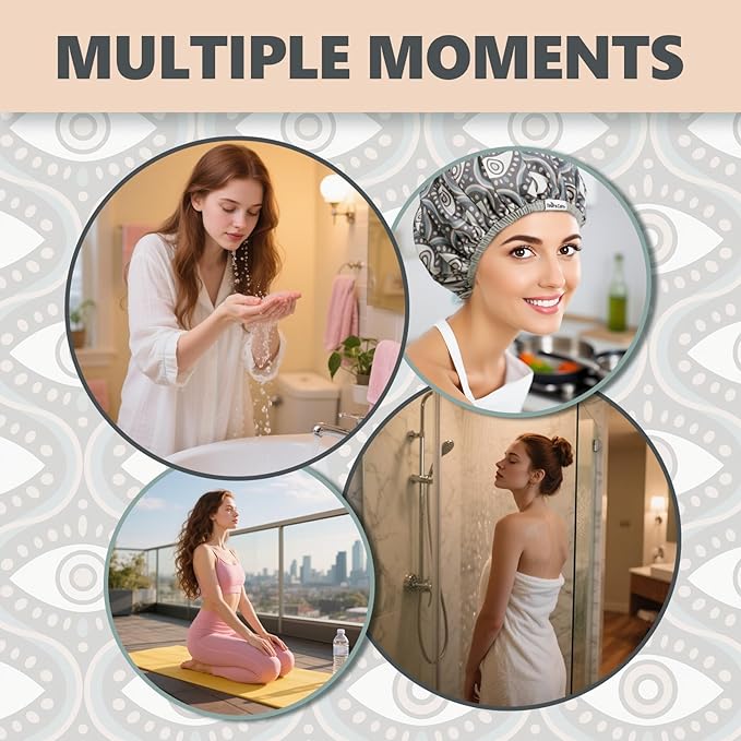 Years Calm Evil Eye Shower Caps for Women Reusable Waterproof, Pattern and Solid Color Dual-Layer Design, Hair Cap for Shower with Elastic Band, Fits Braids, Dreadlocks & Long Hair (Gray)