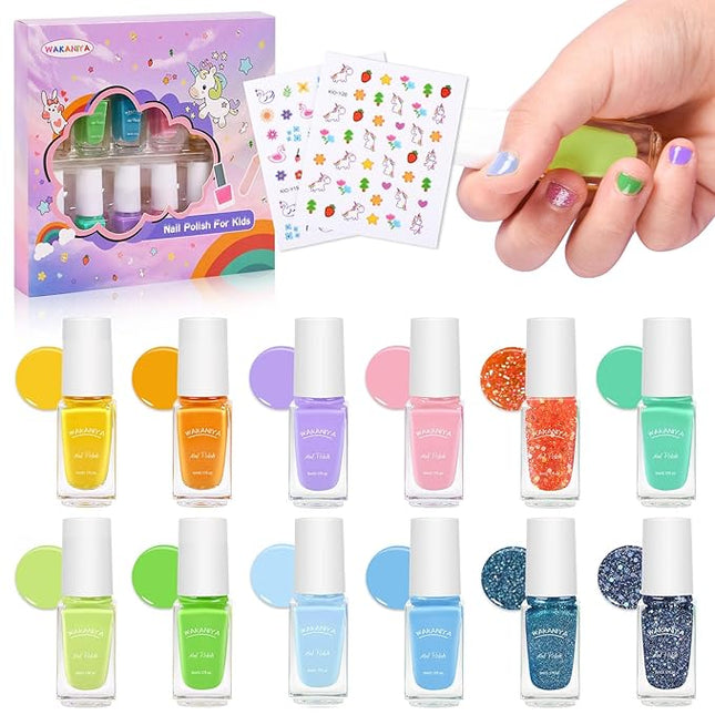 Kids Nail Polish Set, Non-Toxic 12 Candy Colors Small Nail Polish for Girls, Water-Based Peel-Off Quick Dry Low Odor Nail Art