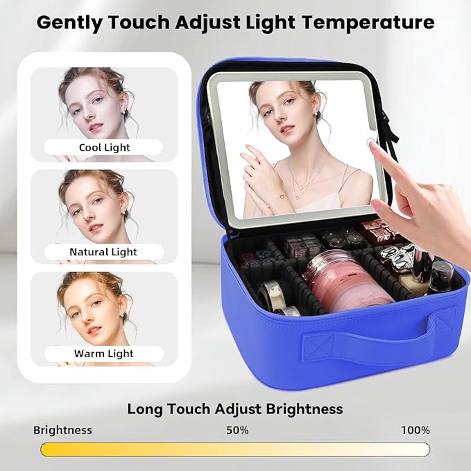 Travel Makeup Bag with LED Mirror and Light Makeup Travel Bag Organizer Portable Cosmetic Brush Organizer Bag with Adjustable Dividers for Cosmetics Makeup Brushes Toiletry (Dark Blue)