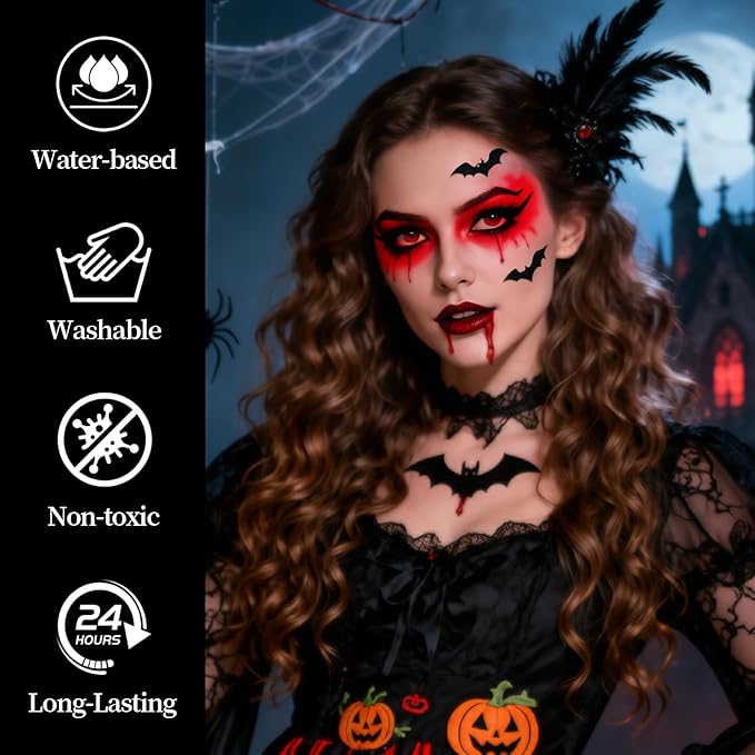 Halloween Makeup Kit for Sally and Corpse Bride Looks, Water-Based Non-Toxic Face Paint Set with Light Blue Face Paint, Red Lip Gloss, Black Eyeliner for Halloween Cosplay, Stage