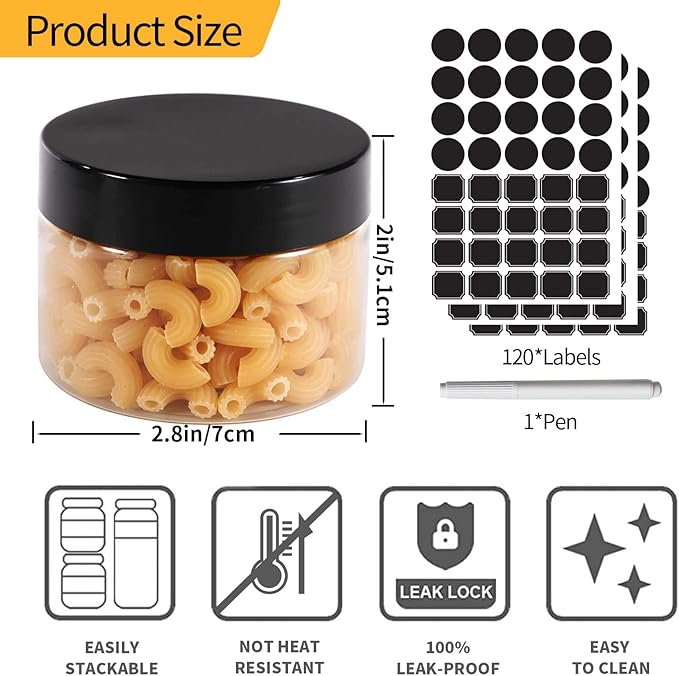 EkkoVla 48 Pack 4 oz Clear Plastic Jars Wide Mouth Round Containers with Black Lids BPA FREE, Empty Multi-use Refillable Storage Jar with Airtight Lid for Cosmetics Beauty Products