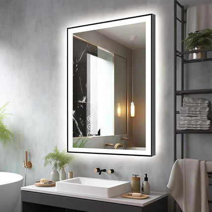 24x32 LED Bathroom Mirrors for Wall -Black Aluminum Framed (Front and Backlit), Anti-Fog Vanity Mirror With Lights,Stepless Dimmable Lighted Mirror,3 Colors Smart Mirror(Horizontal/Vertical)